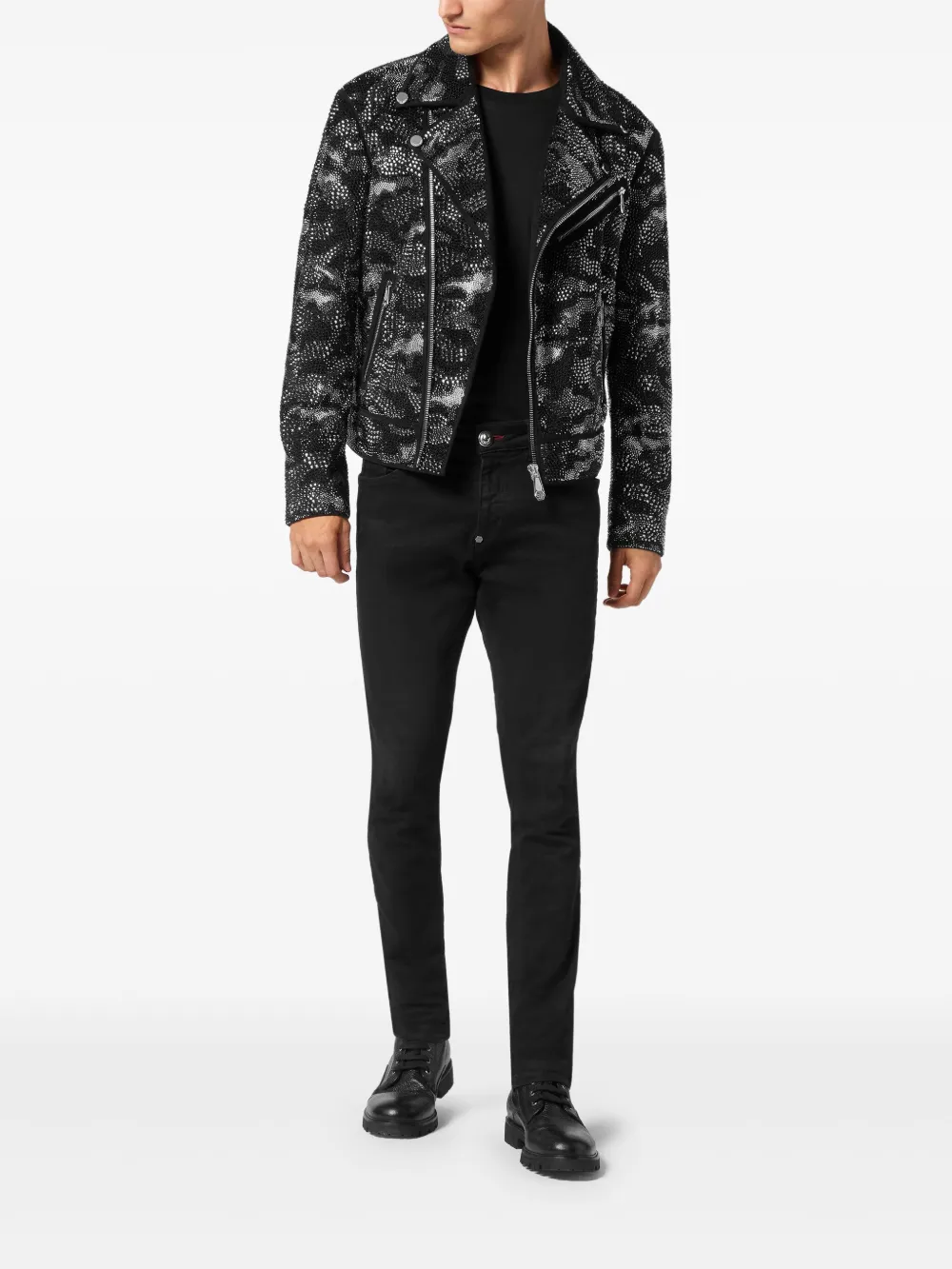 Philipp Plein Bikerjack met camouflageprint Zwart