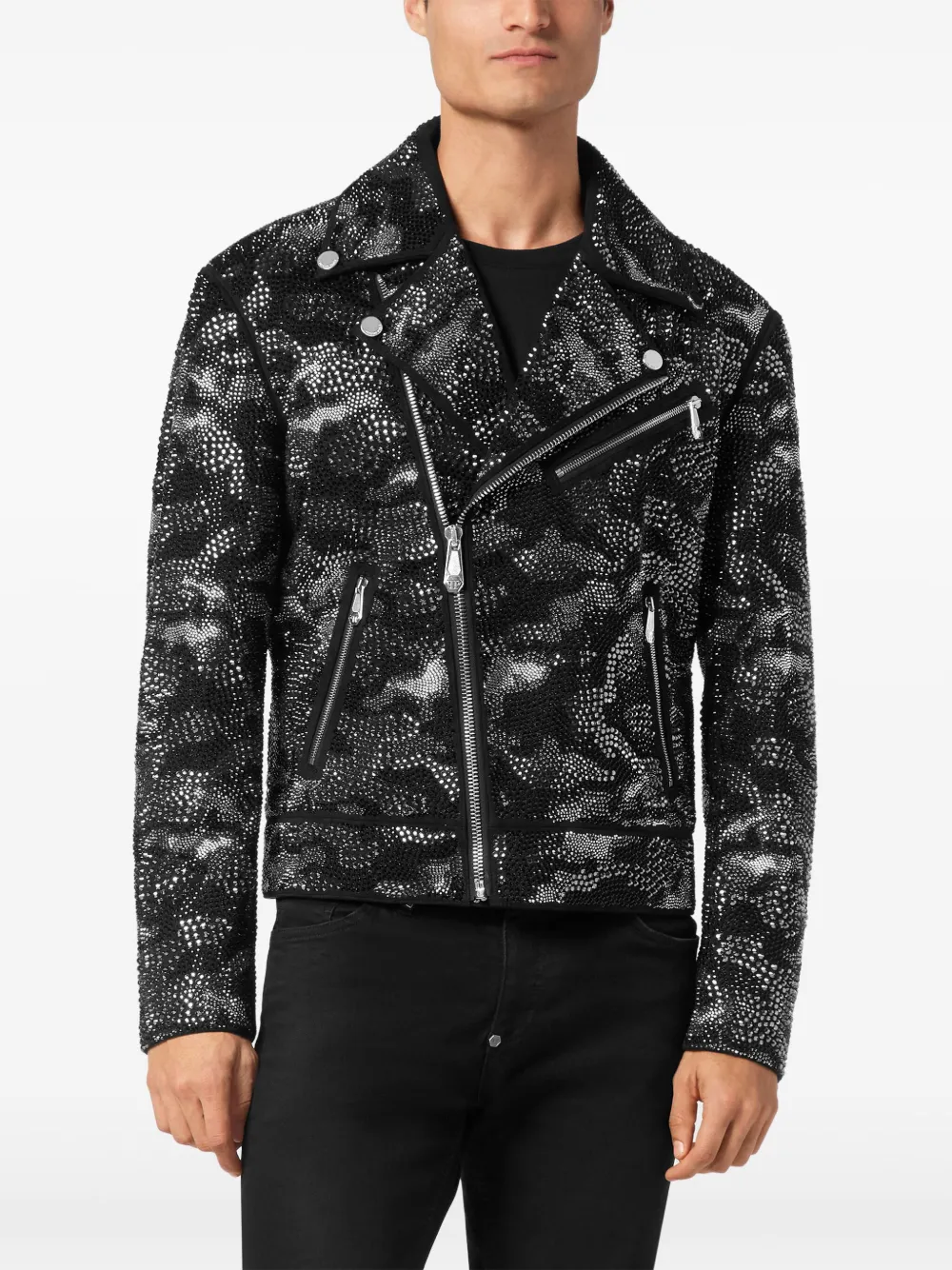 Philipp Plein Bikerjack met camouflageprint Zwart