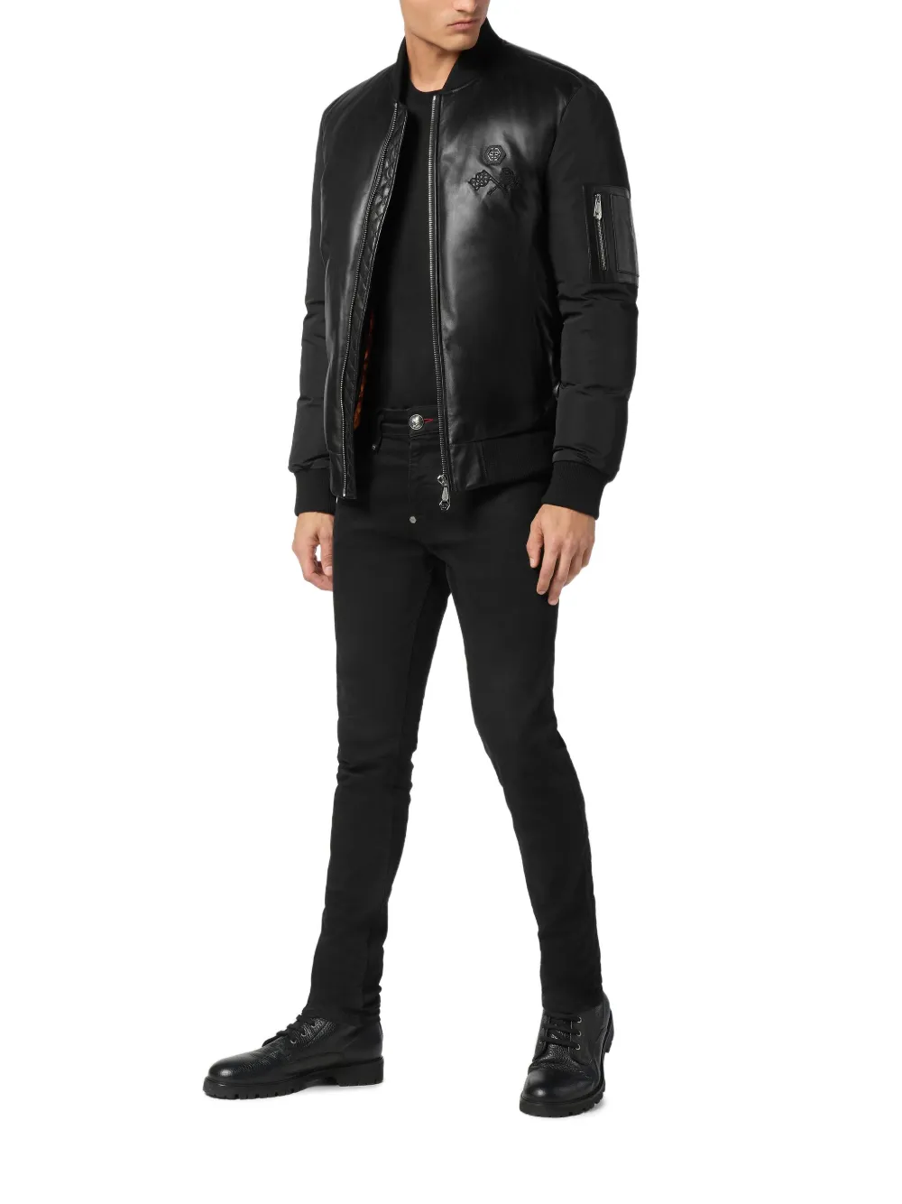 Philipp Plein leather bomber jacket - Zwart