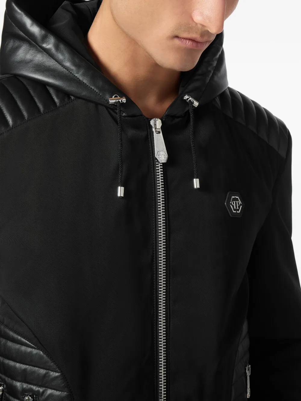 Philipp Plein hooded leather-insert jacket Zwart