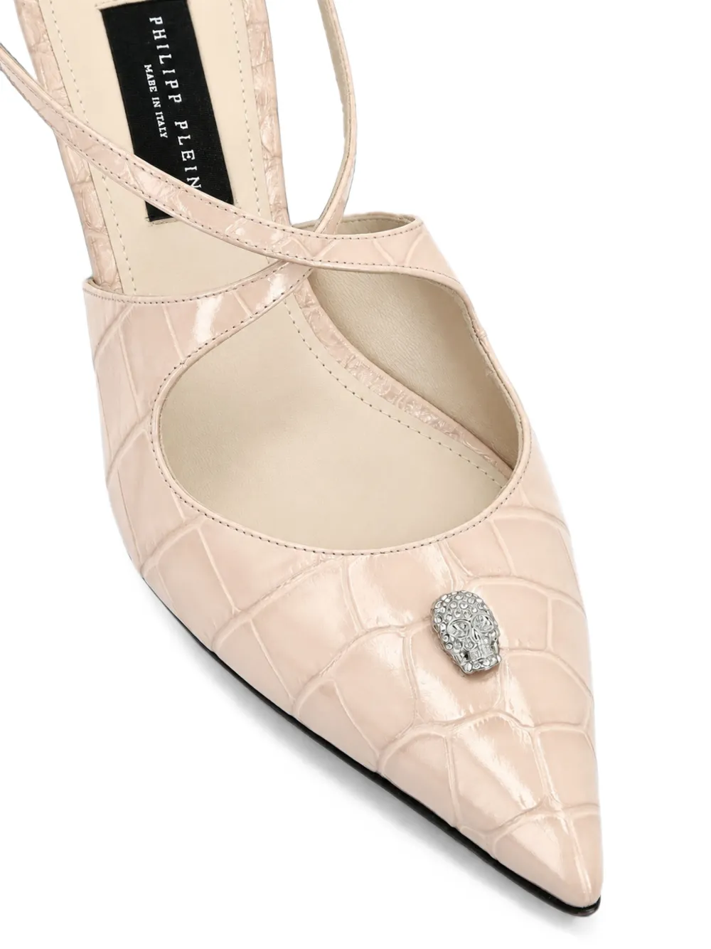 Philipp Plein croc-effect skull-embellished slingback pumps Beige