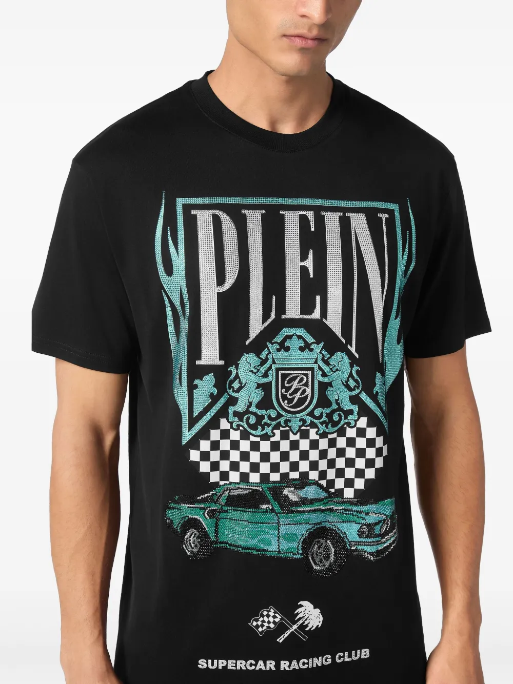 Philipp Plein Flame Racing T-shirt met stras Zwart