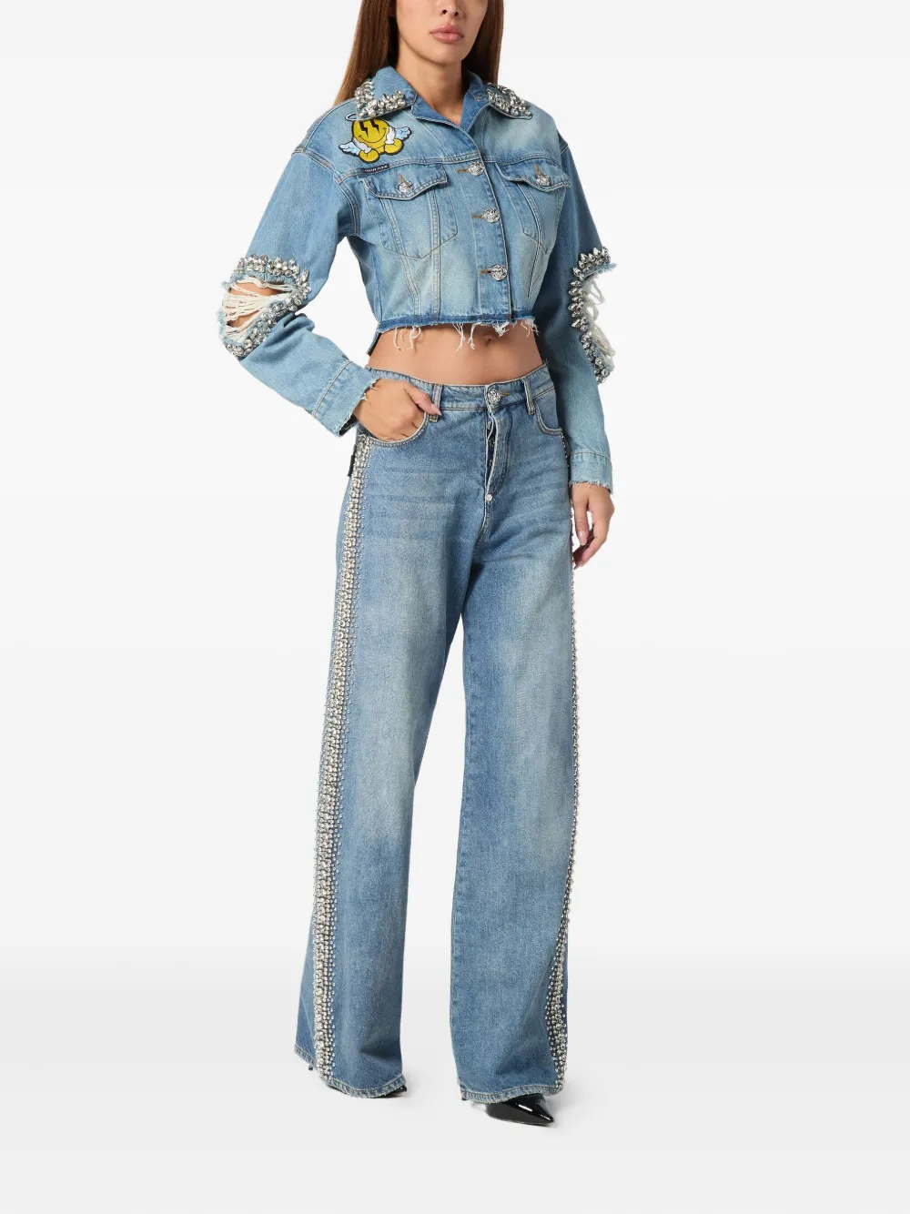 Philipp Plein Denim cropped Smile jack Blauw