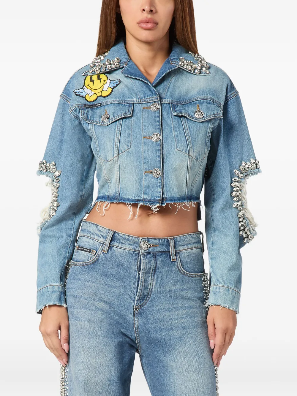 Philipp Plein Denim cropped Smile jack Blauw