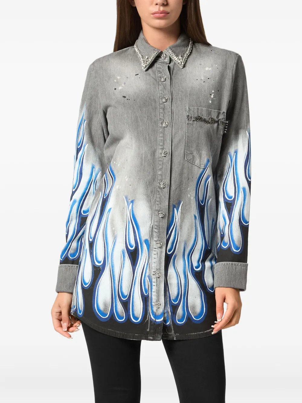 PHILIPP PLEIN GRAPHIC-PRINT DENIM SHIRT