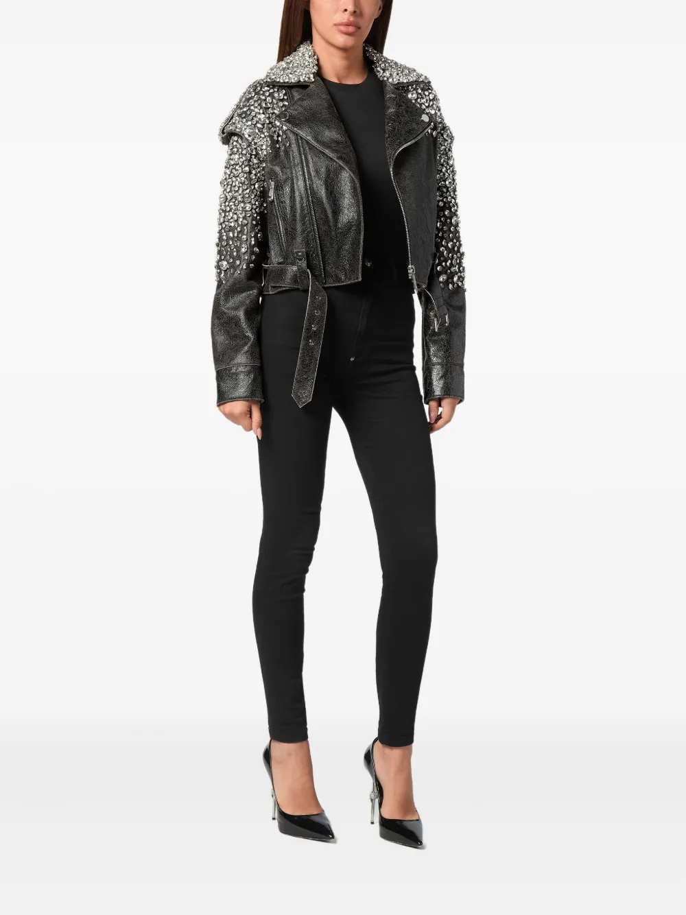 Shop Philipp Plein Leather Cropped Jacket In Black