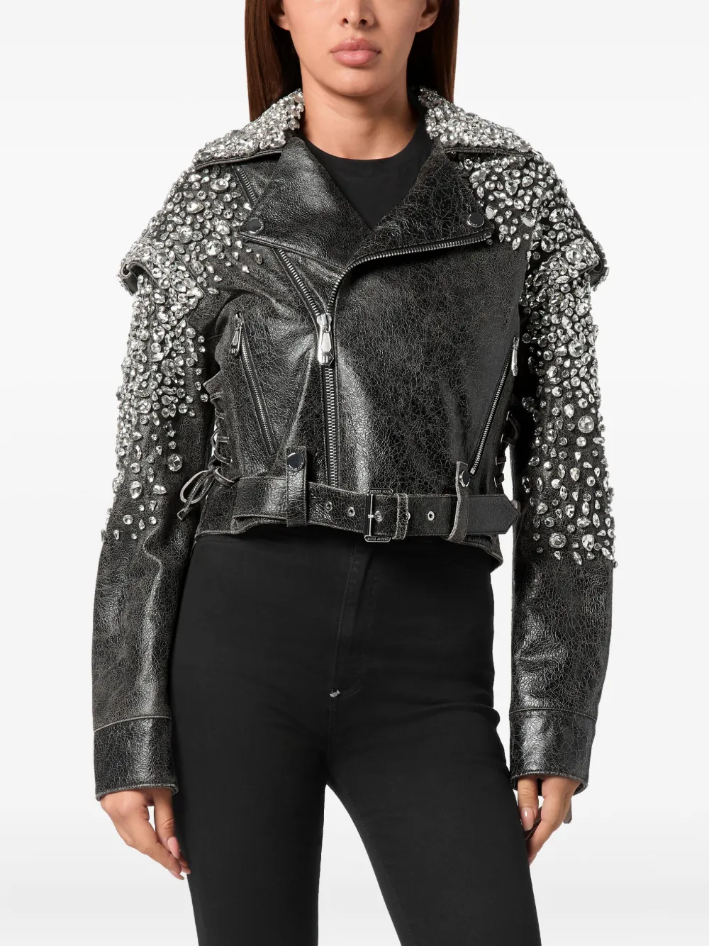 Shop Philipp Plein Leather Cropped Jacket In Black