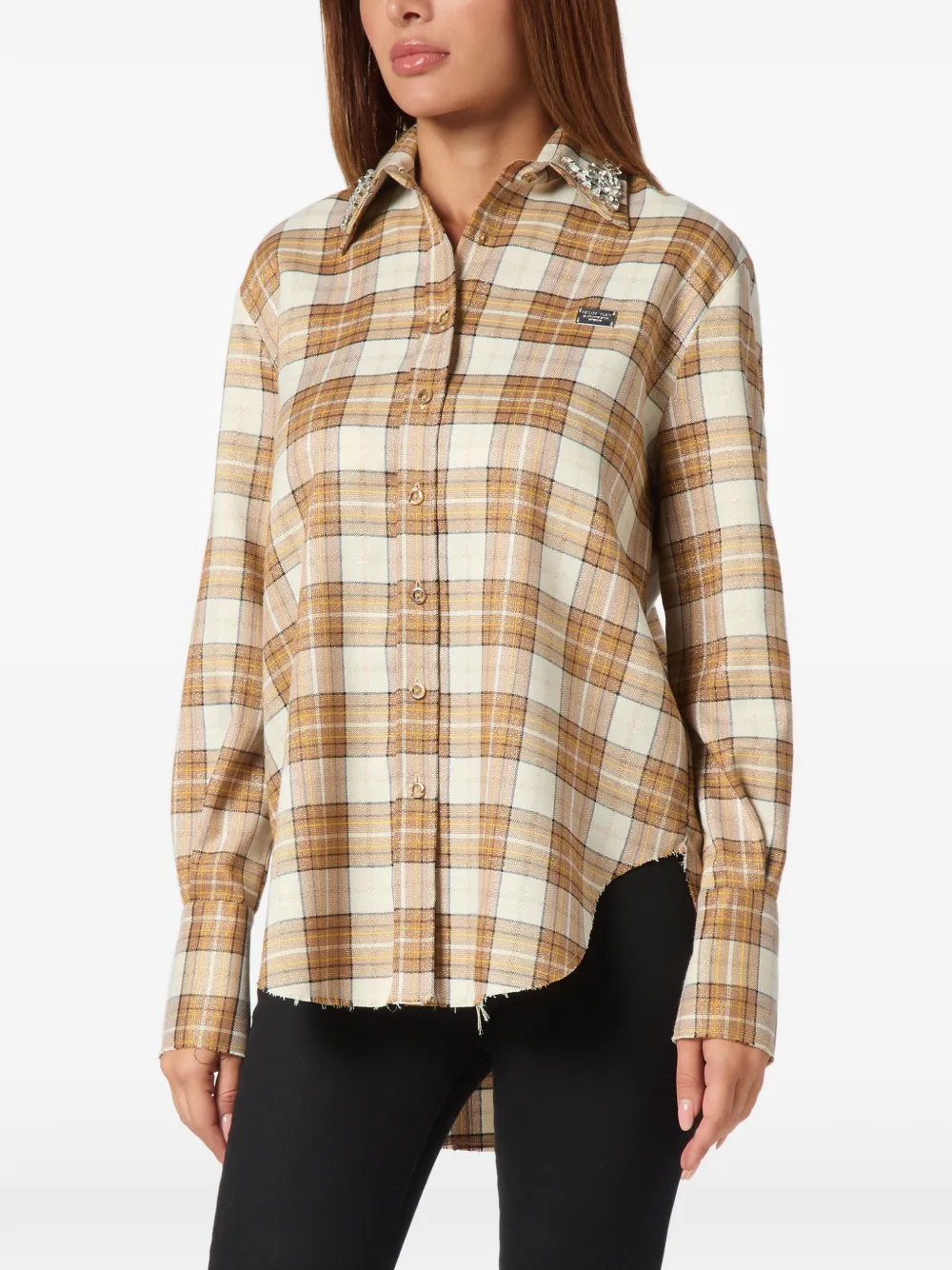 Philipp Plein Geruite blouse verfraaid met stras Beige