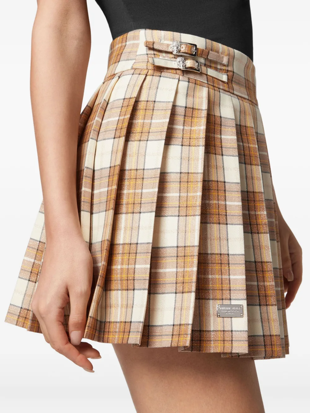 Philipp Plein Checked Pleated Mini Skirt Flame In Brown