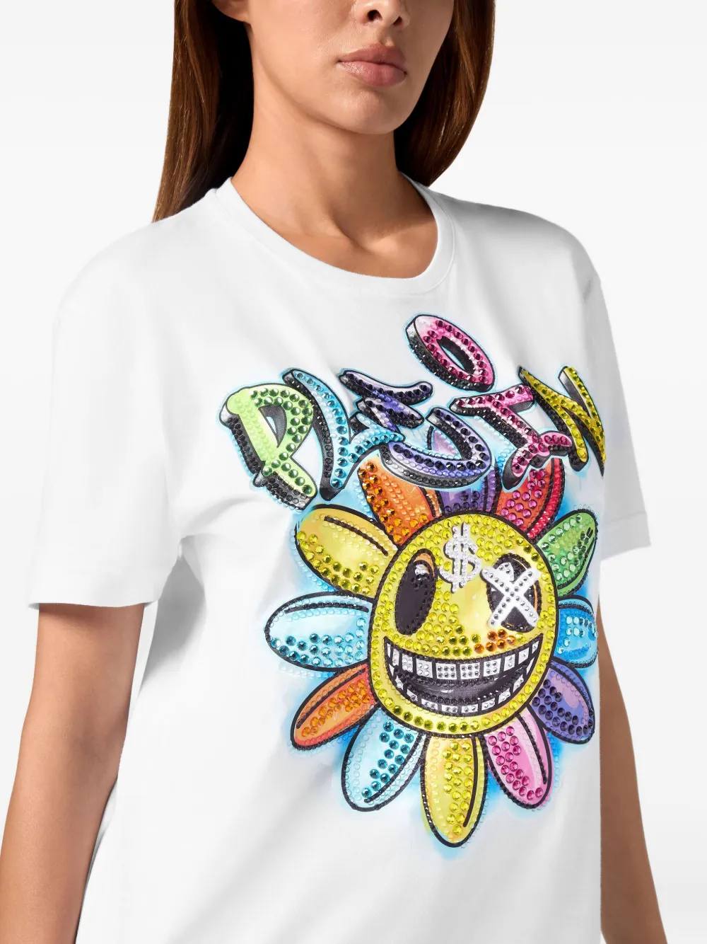 Philipp Plein crystal-embellished flower t-shirt Wit