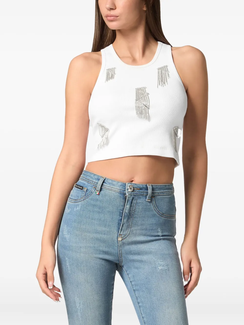 Shop Philipp Plein Fringed Tank Top In White
