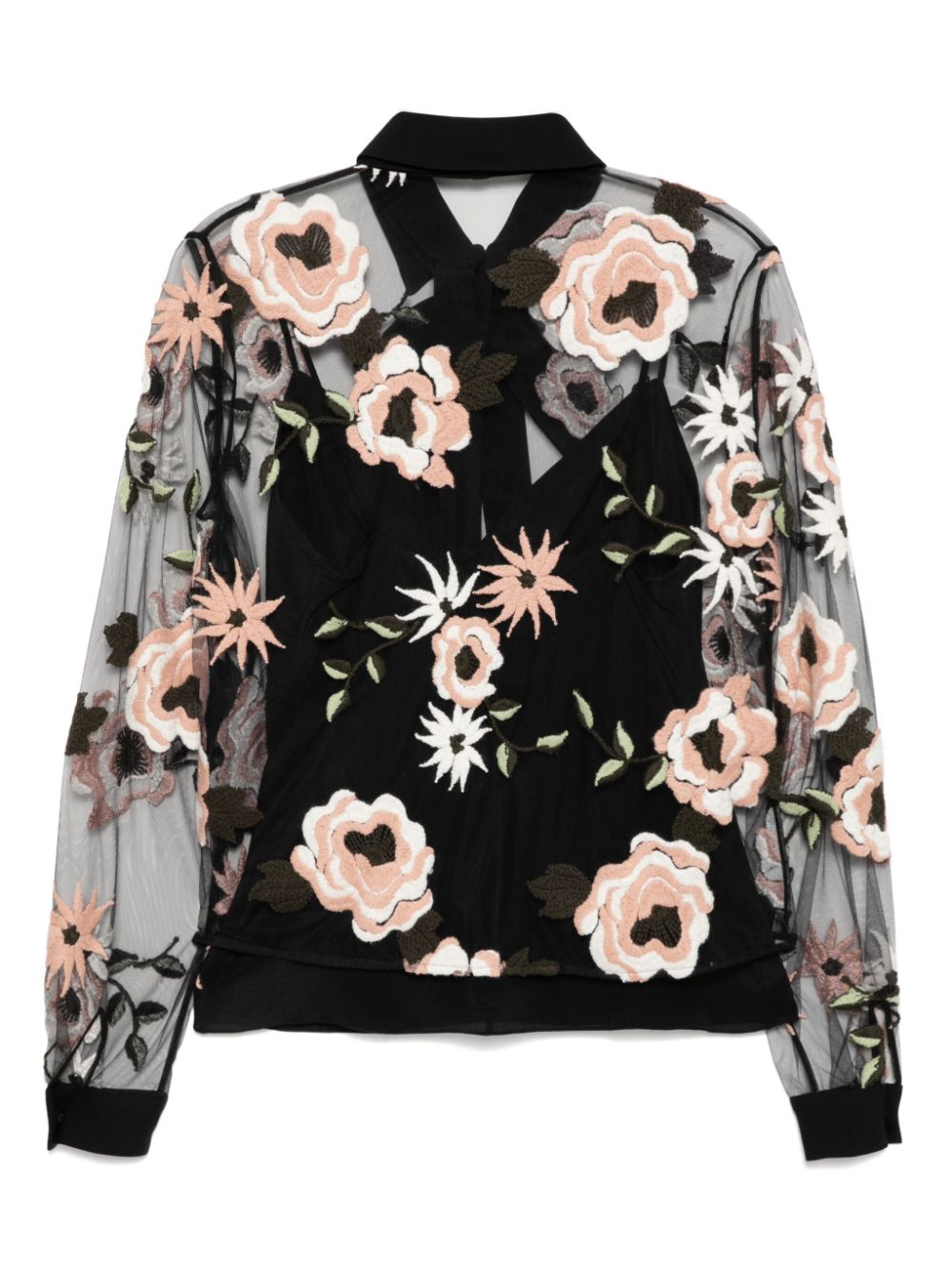 Shop Elie Saab Floral Embroidered Tulle Shirt In Black