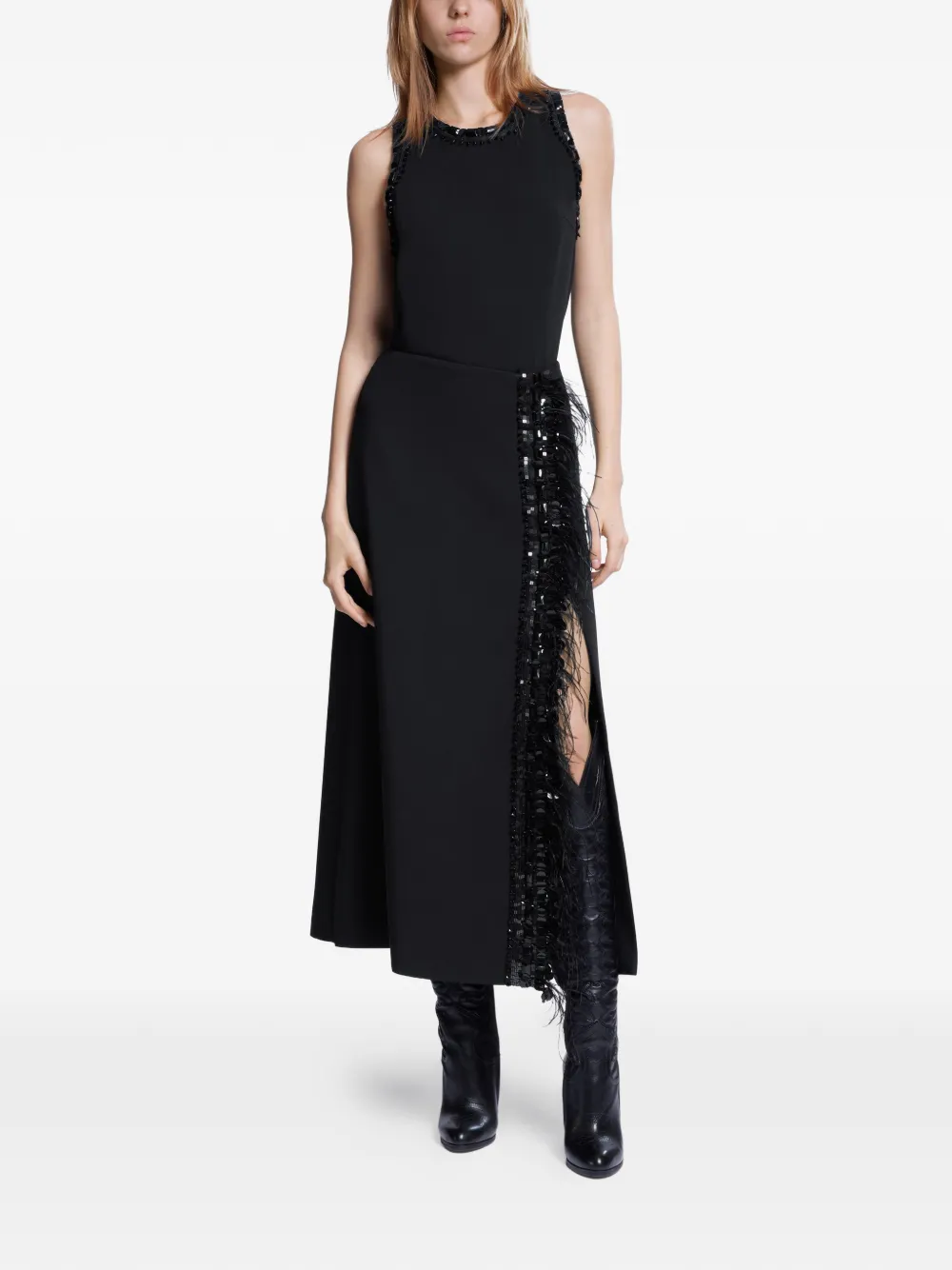 Elie Saab feather-trimmed midi skirt - Zwart