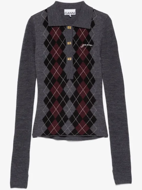 GANNI grey knitted polo shirt