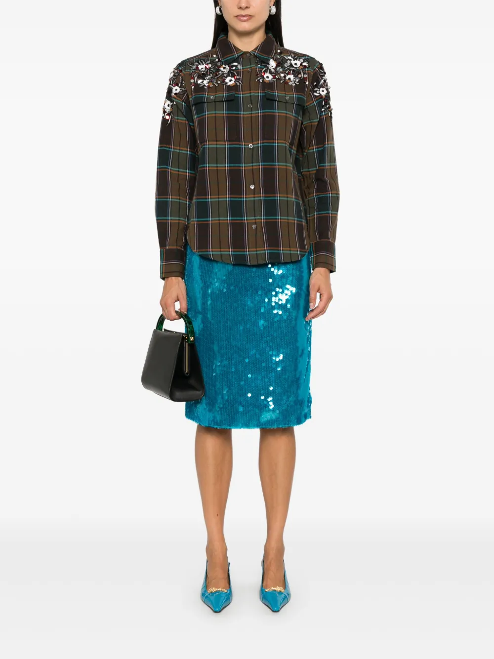 Essentiel Antwerp floral-embroidery plaid shirt - Groen