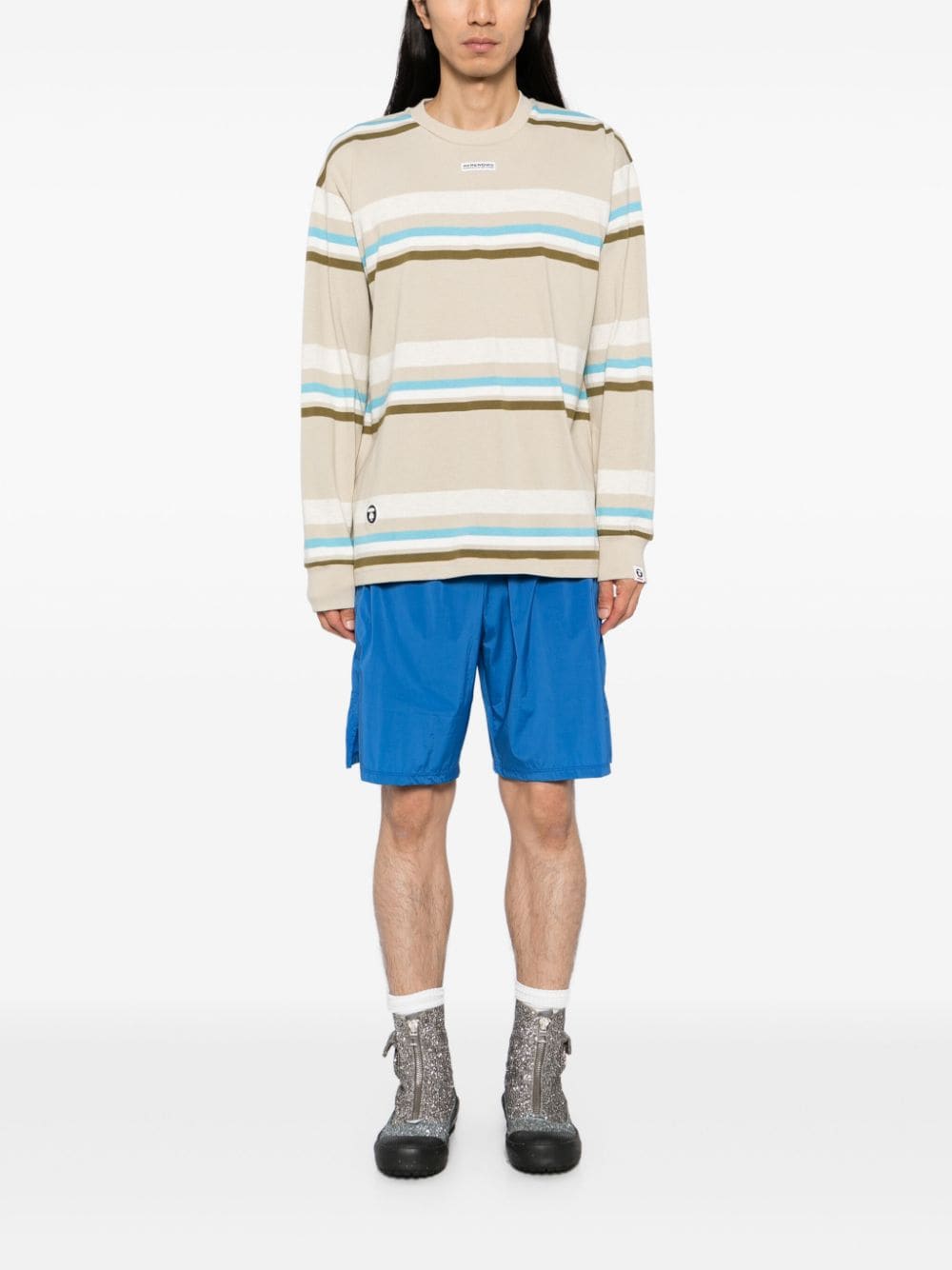 Shop Aape By A Bathing Ape Horizontal-stripes Long-sleeves T-shirt In Neutrals