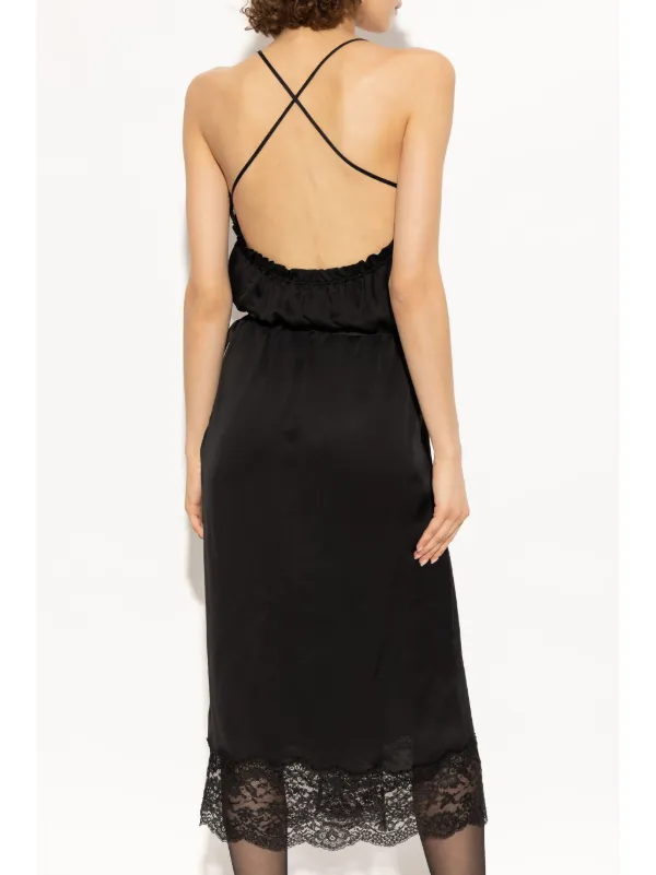 【送料&関税込】Saint Laurent Wrap Midi Dress SAINT LAURENT Wrap-effect belted lace-trimmed silk-satin