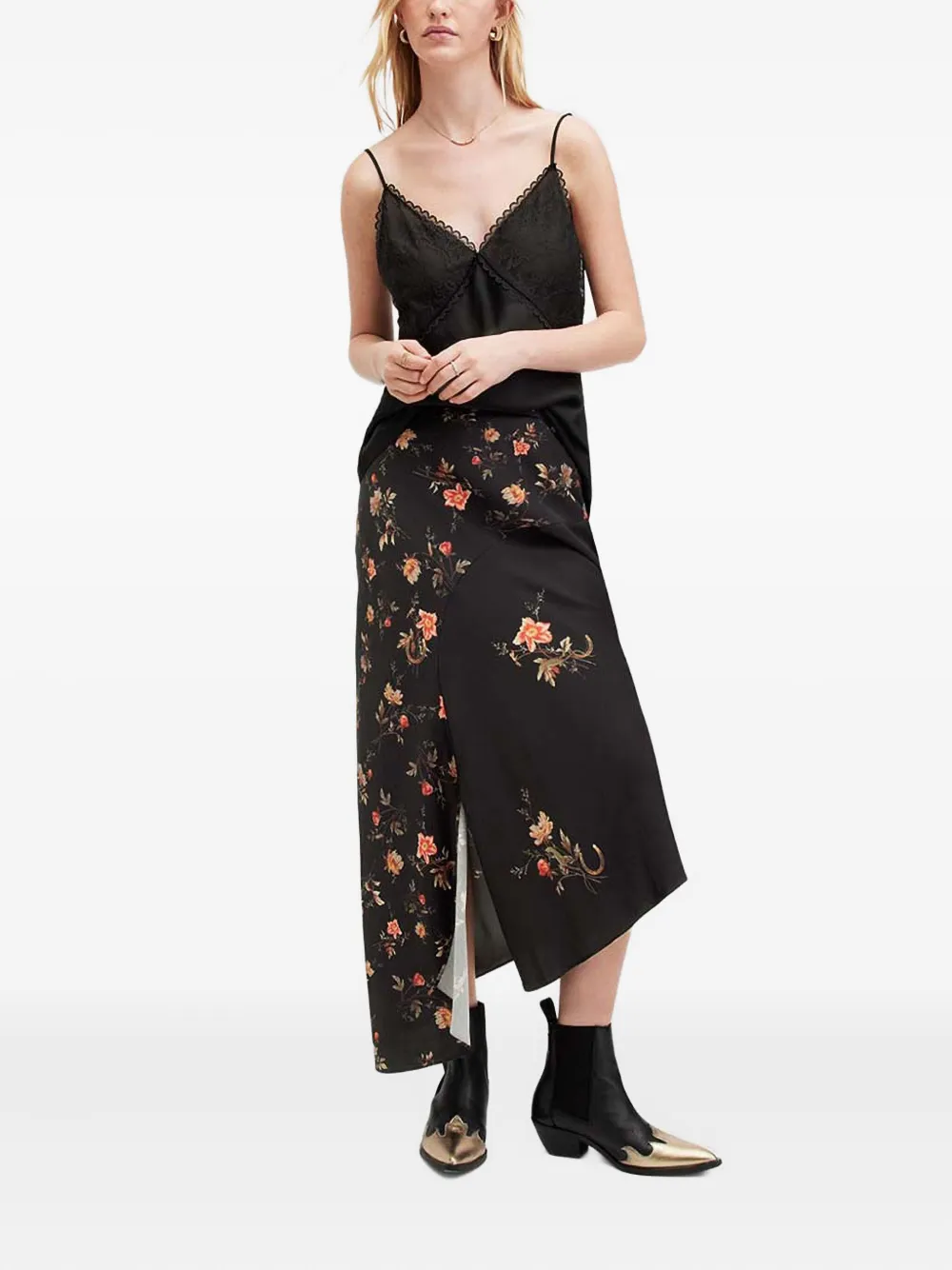 AllSaints Luisa floral-print asymmetric skirt - Zwart