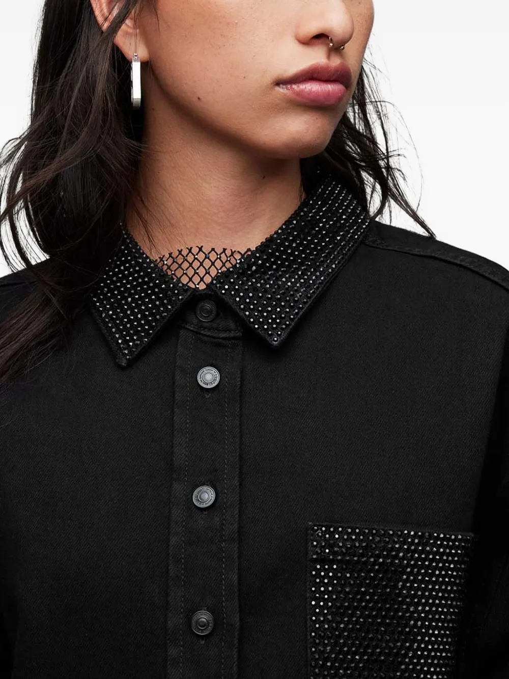 Allsaints Nicky Embellished-pocket Denim Shirt In Black