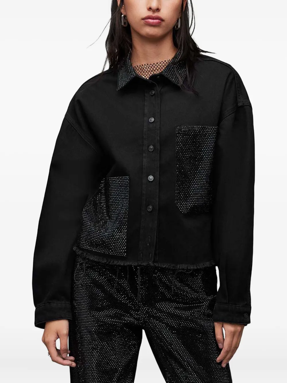 AllSaints Nicky embellished-pocket denim shirt - Zwart