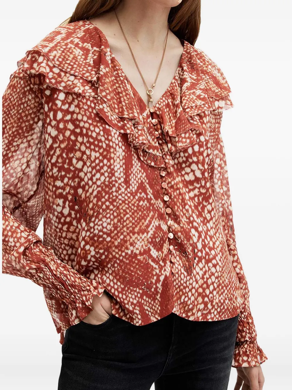 Allsaints Phoebe Ruffle-detail Snake-print Top In Brown