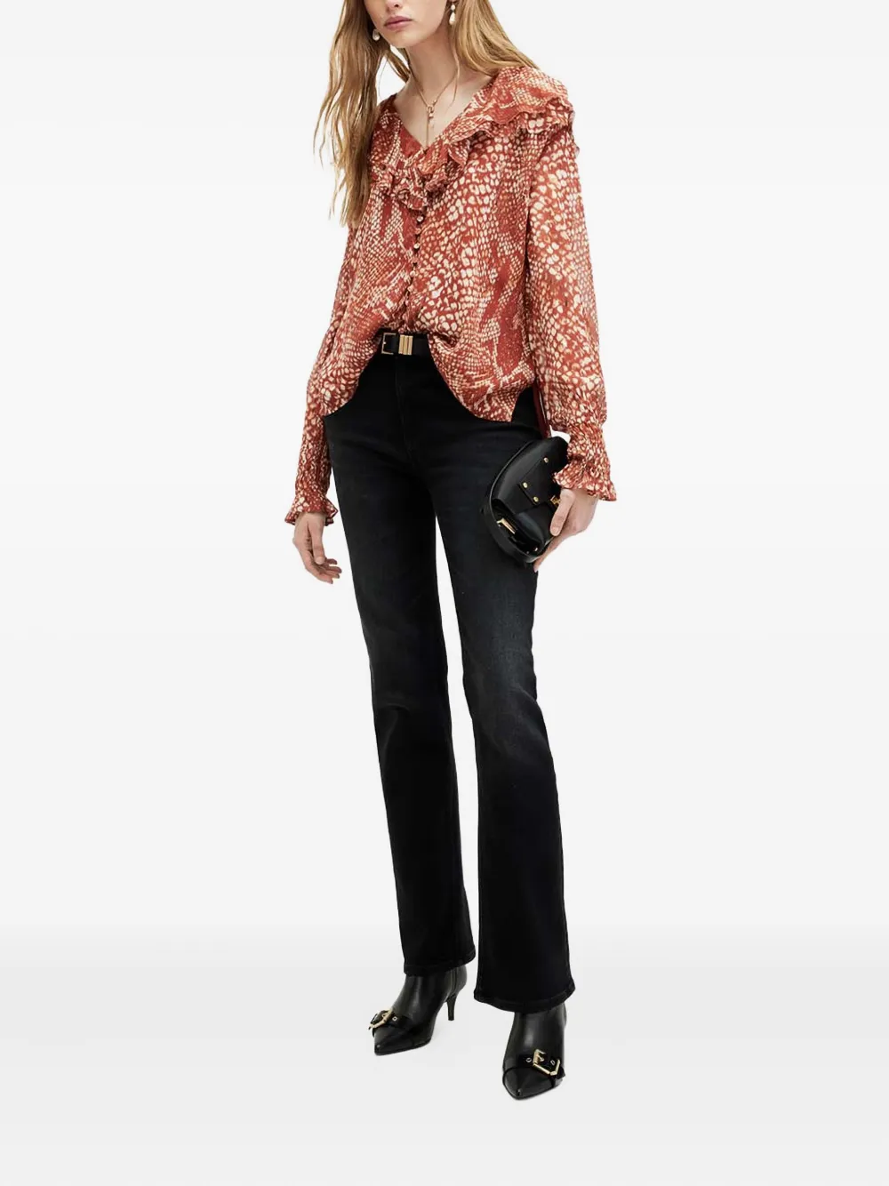 Allsaints Phoebe Ruffle-detail Snake-print Top In Brown