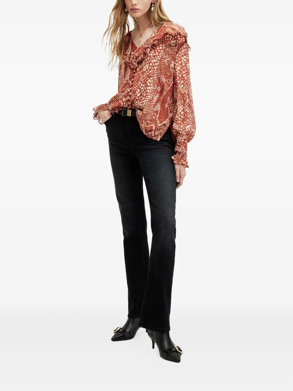 AllSaints Phoebe ruffle-detail snake-print top - Rood