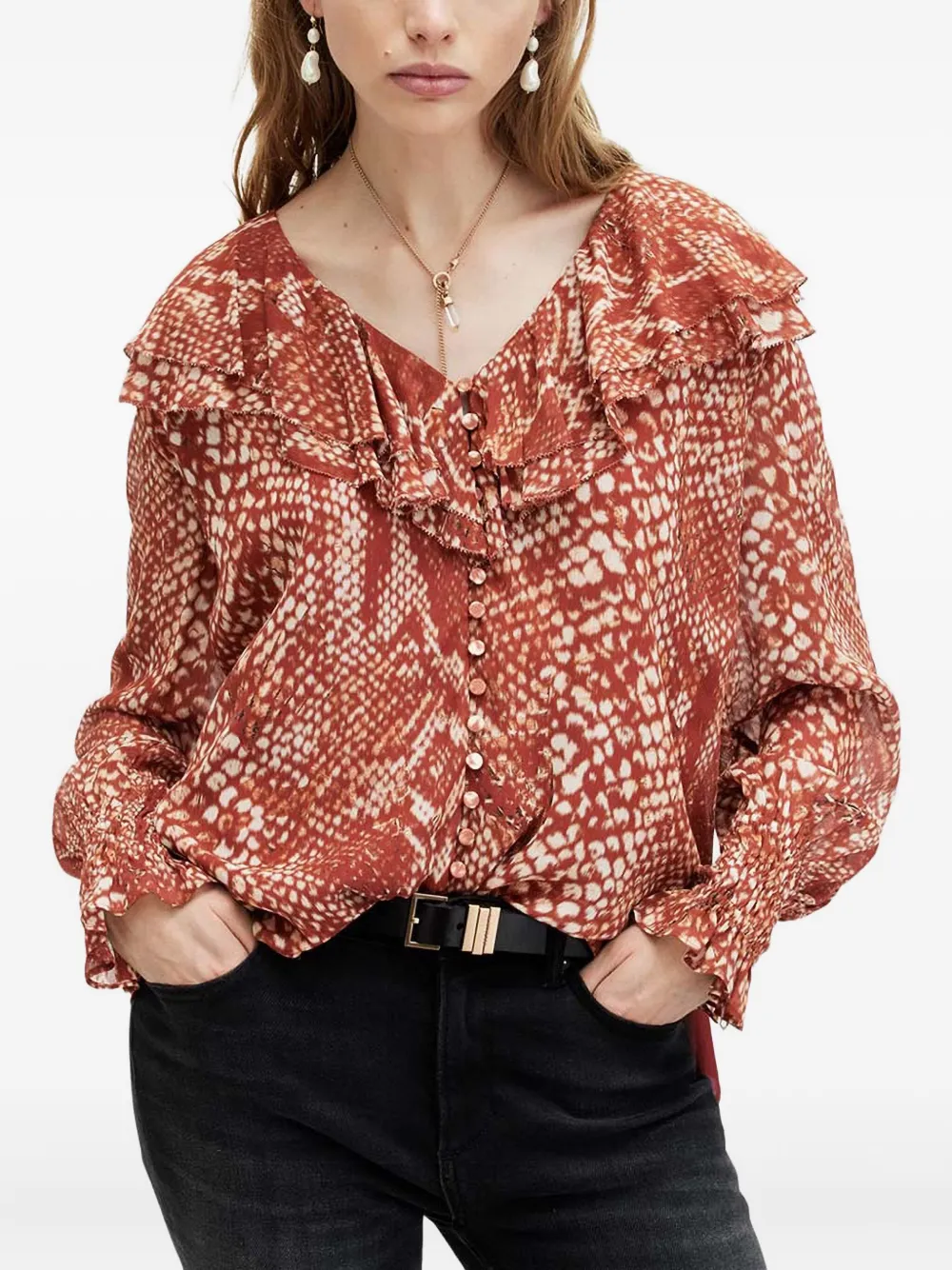 AllSaints Phoebe ラッフル スネークプリント トップ - レッド AllSaints Phoebe ラッフル スネークプリント トップ - レッド