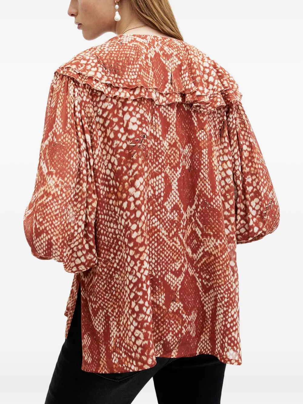 Allsaints Phoebe Ruffle-detail Snake-print Top In Brown