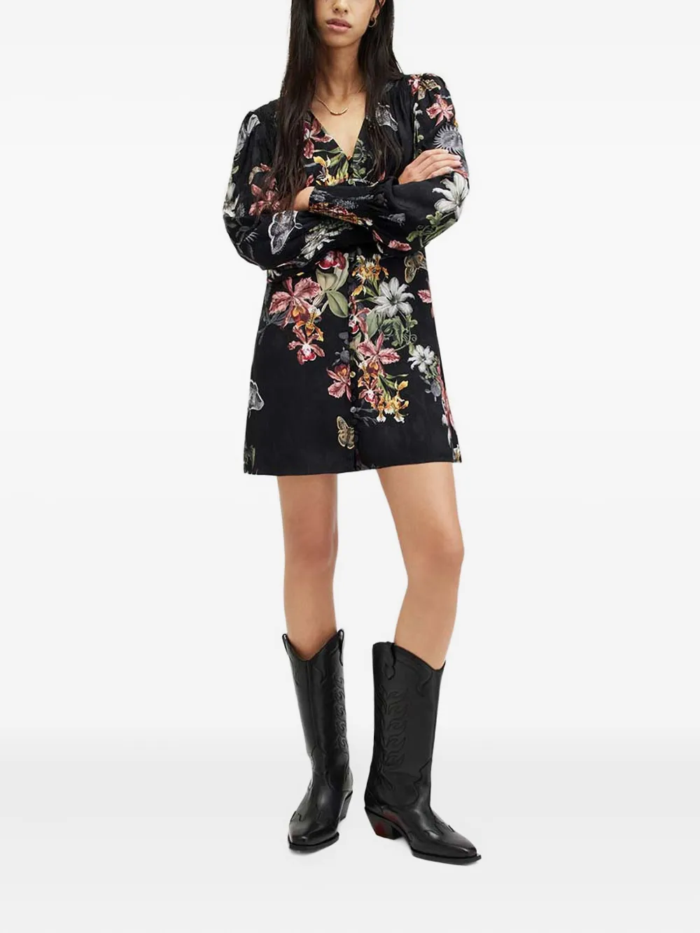 AllSaints Auden jurk met bloemenprint en knopen - Zwart