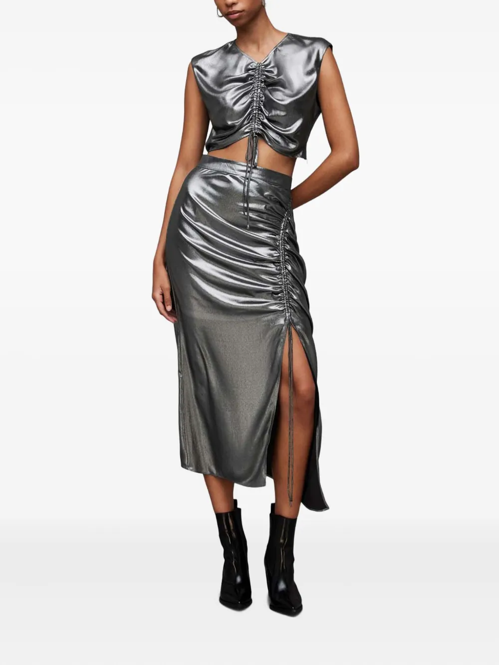 Allsaints Carla Gathered Metallic Midi Skirt In Gray
