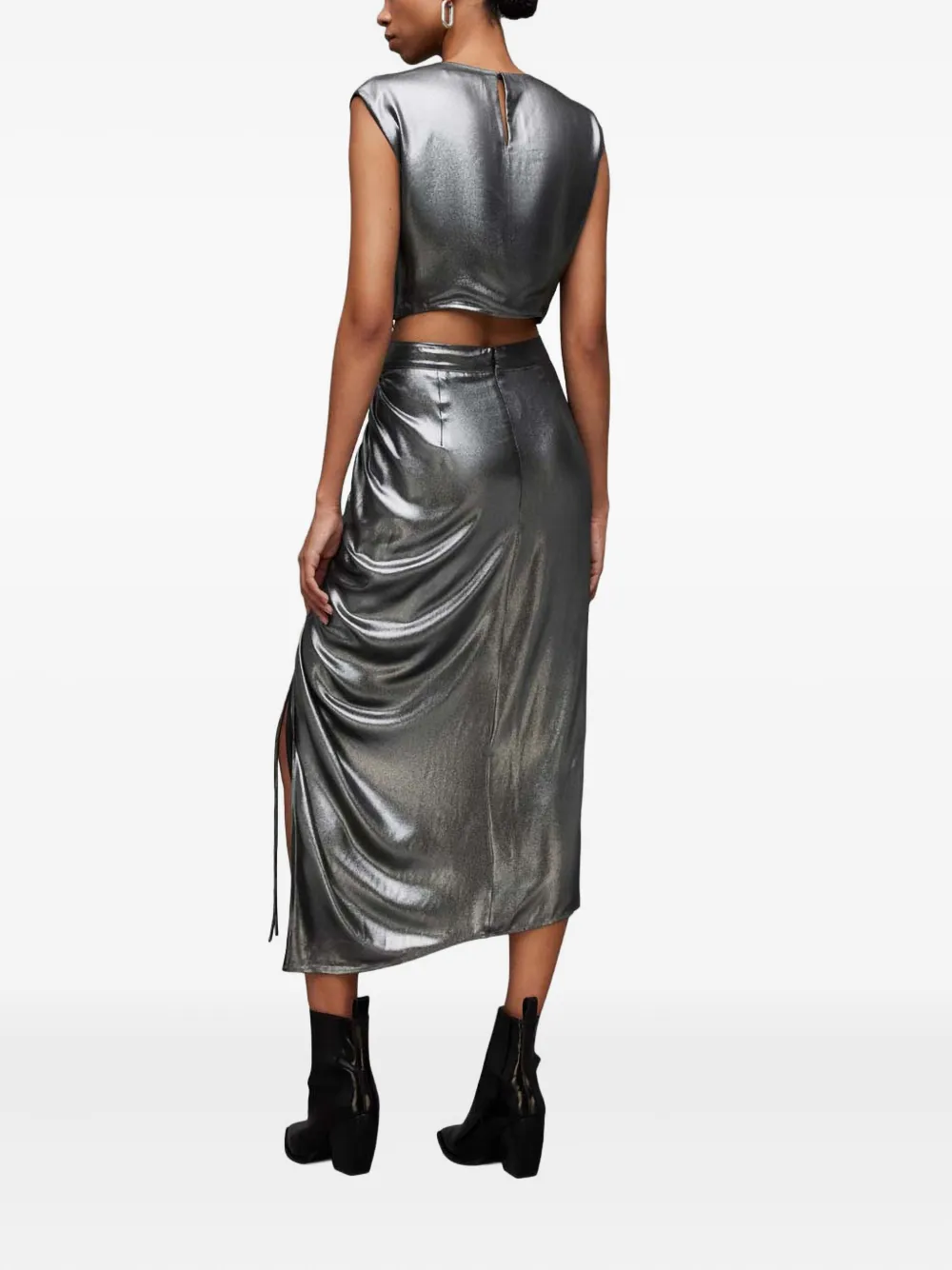 Allsaints Carla Gathered Metallic Midi Skirt In Gray