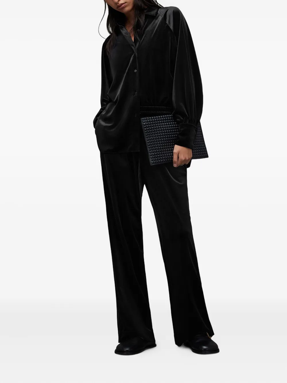 Allsaints Velvet Balloon-sleeve Shirt In Black