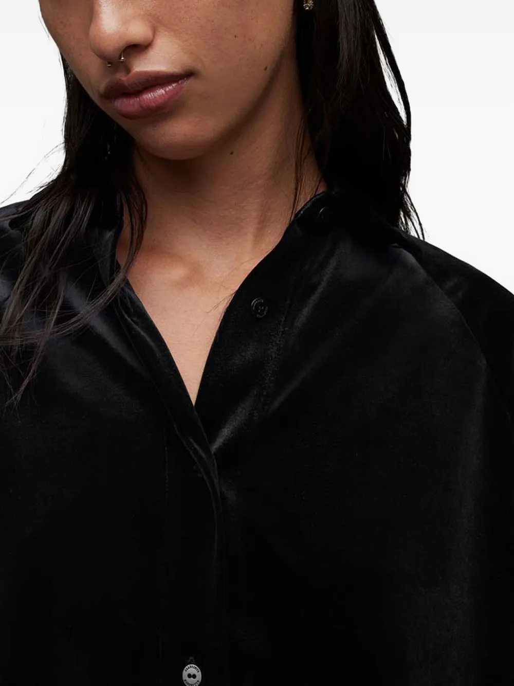 Allsaints Velvet Balloon-sleeve Shirt In Black