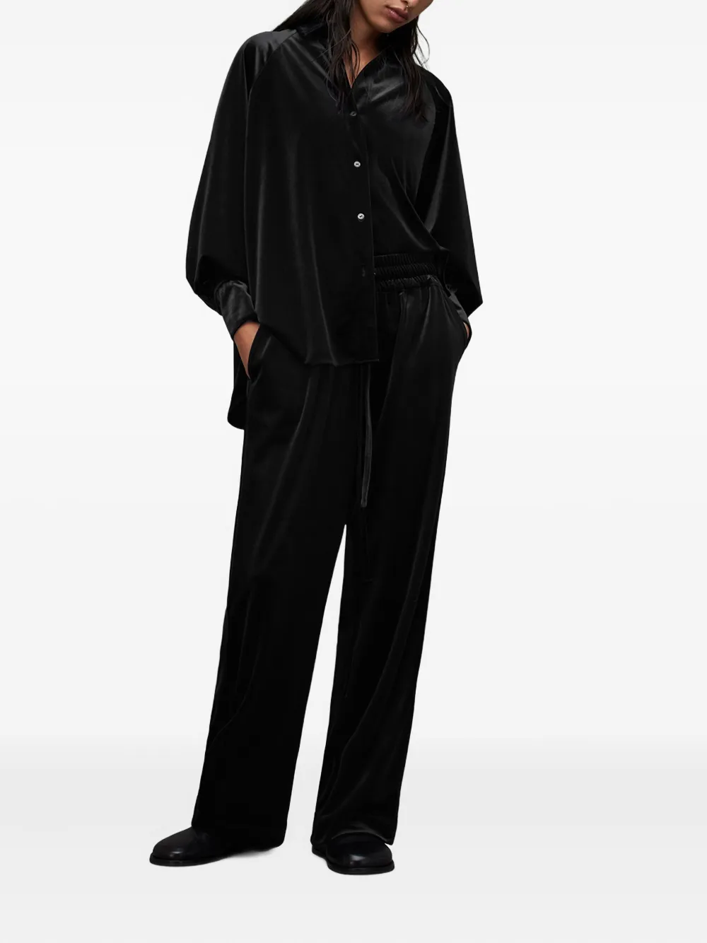 AllSaints velvet balloon-sleeve shirt - Zwart