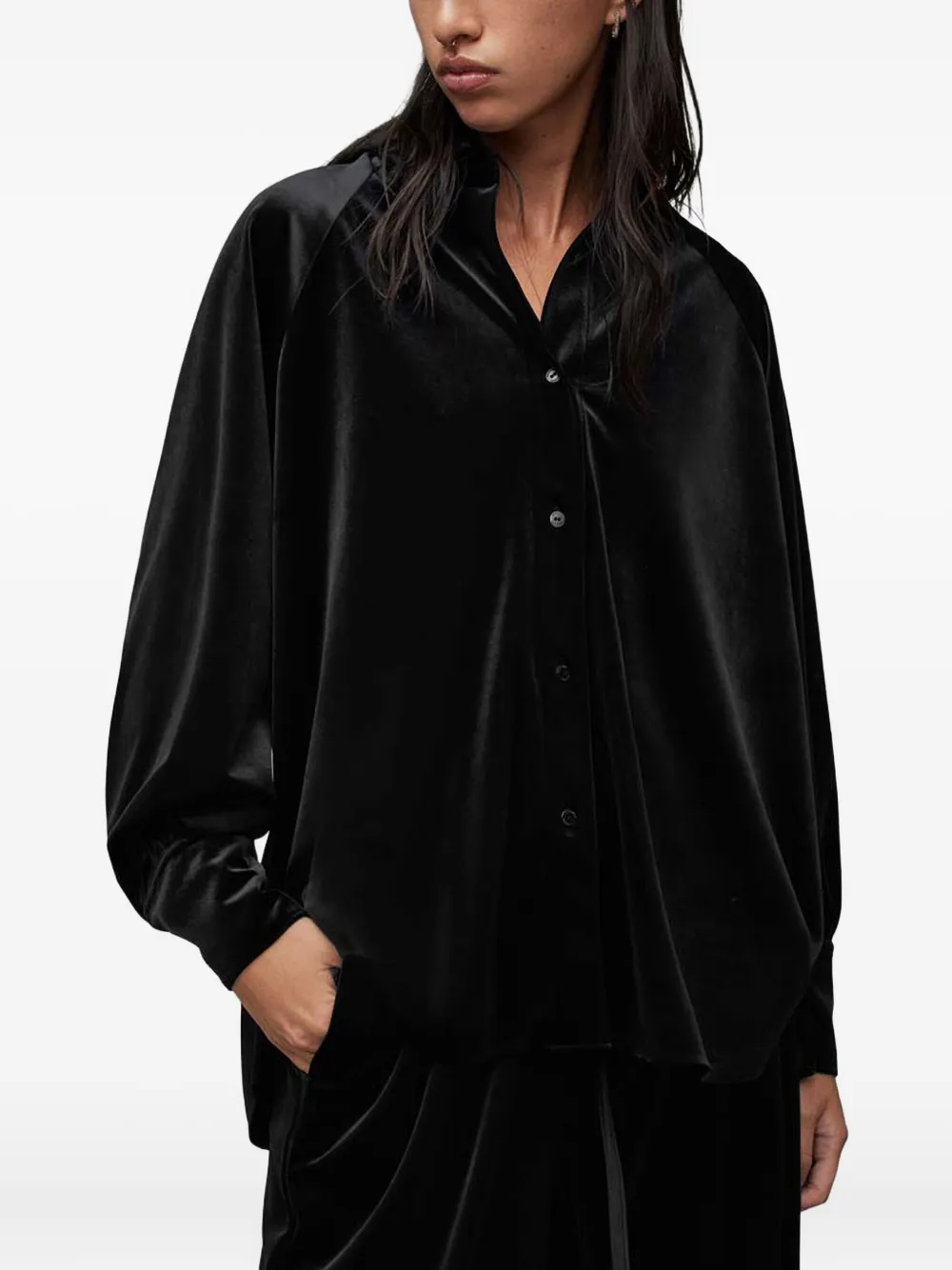 Allsaints Velvet Balloon-sleeve Shirt In Black