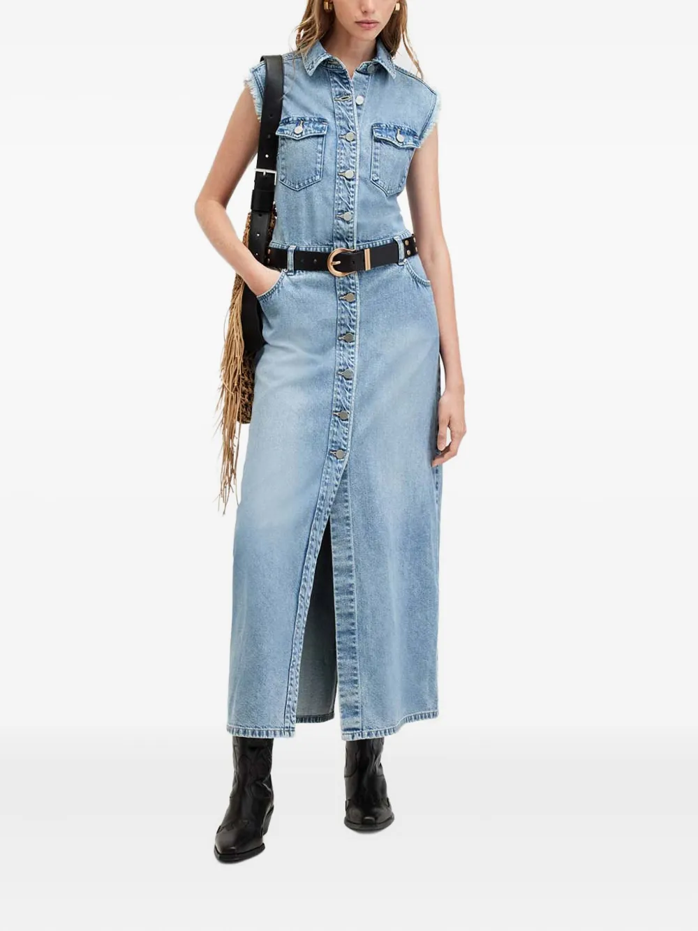 AllSaints Blair denim blousejurk met franje - Blauw