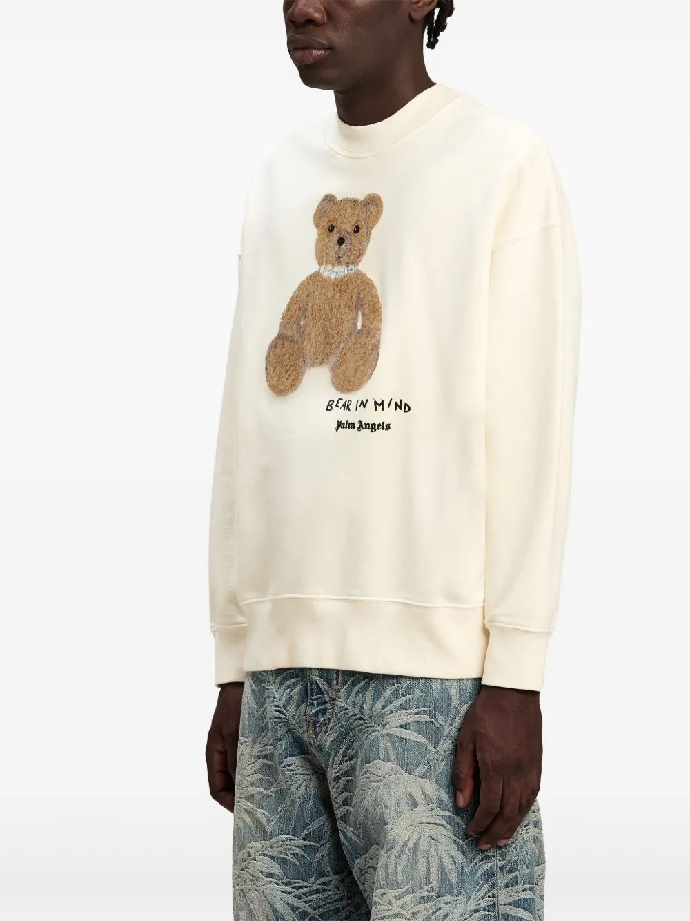 Palm Angels Cotton Crew Neck Sweatshirt With Teddy Bear Motif In White