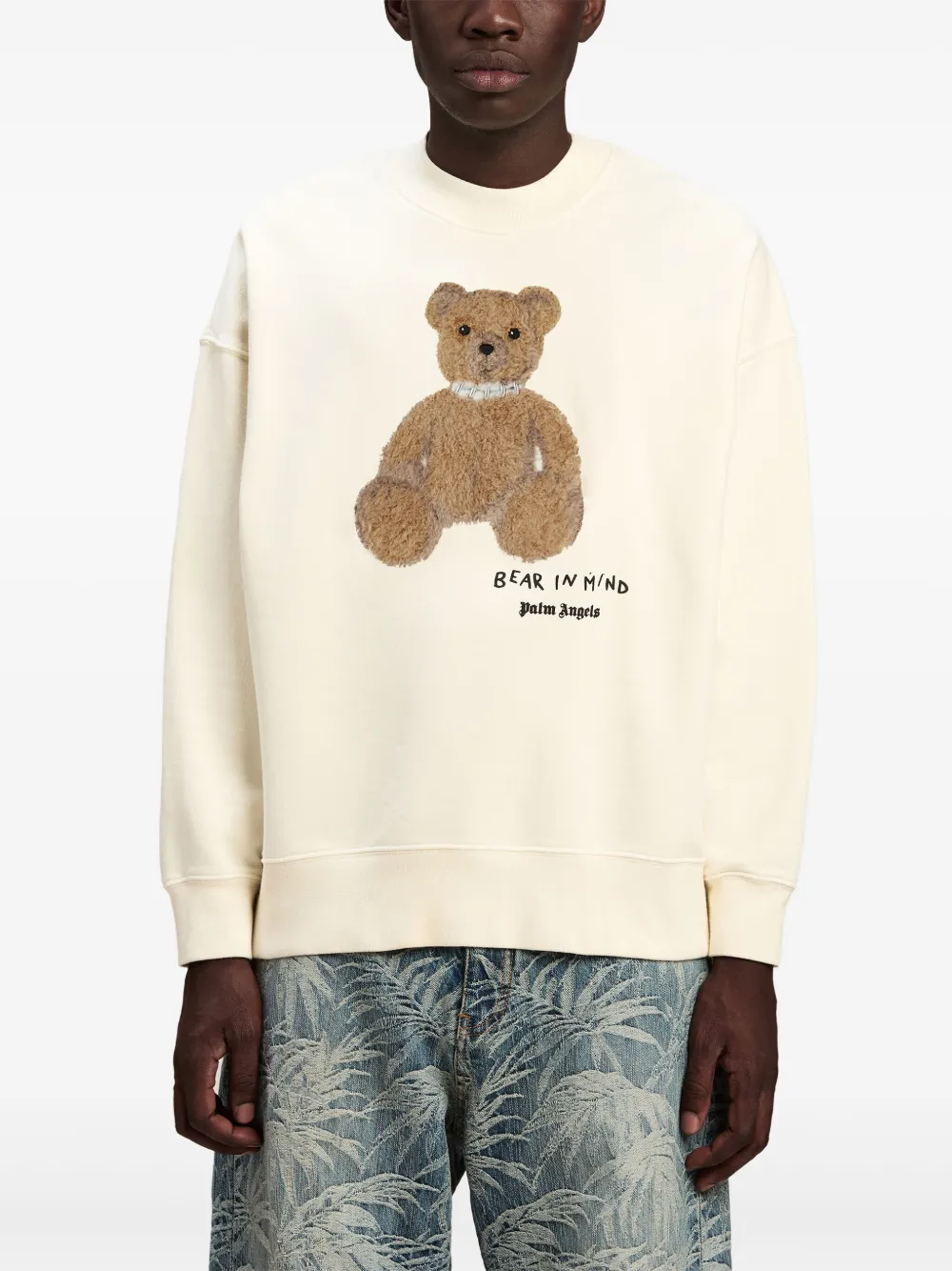 Palm Angels Cotton Crew Neck Sweatshirt With Teddy Bear Motif In White