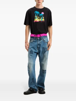 【関税&送料込】Palm Angels Mud Cotton Blend Pant CUBISM PATCHWORK PRODUCT DYED ADJUSTABLE ZIP PANTS(FREE SIZE