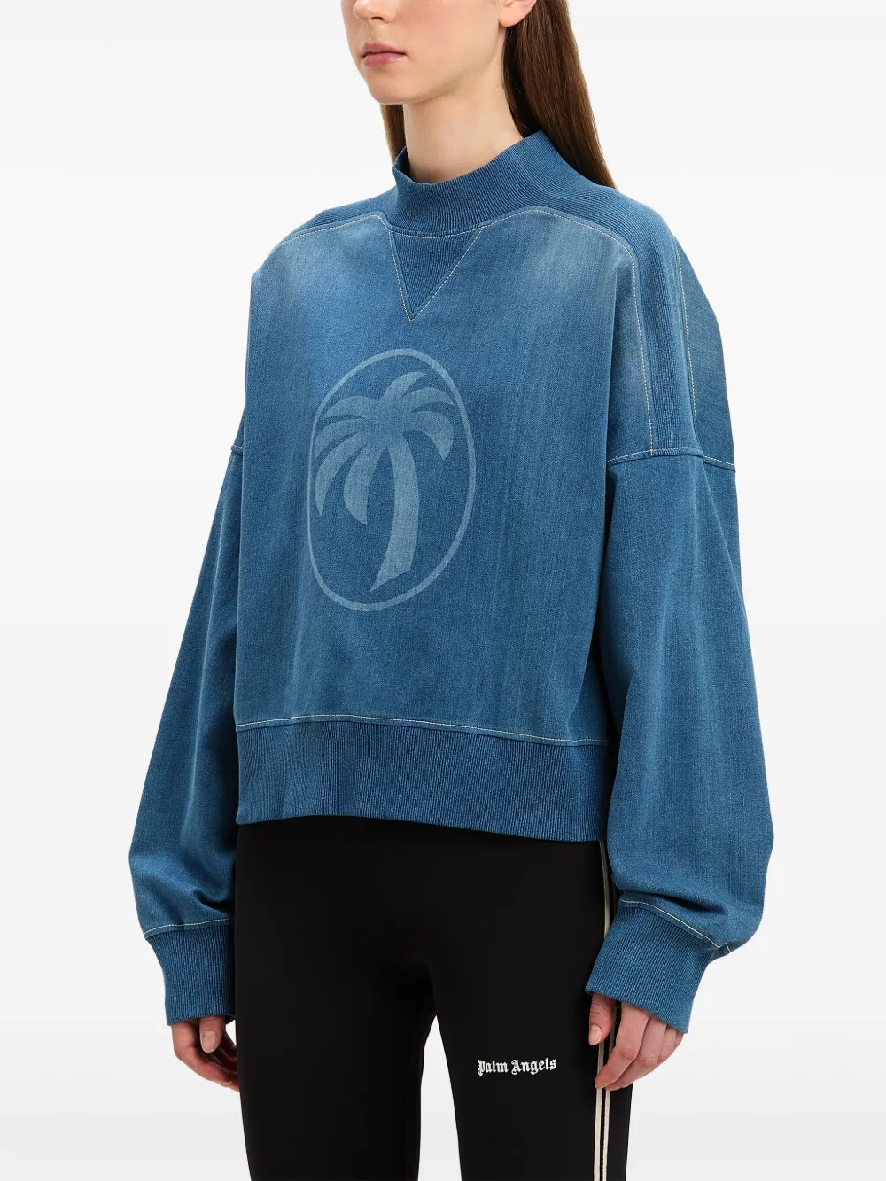 PALM ANGELS PALM-PRINT WASHED DENIM SWEATSHIRT