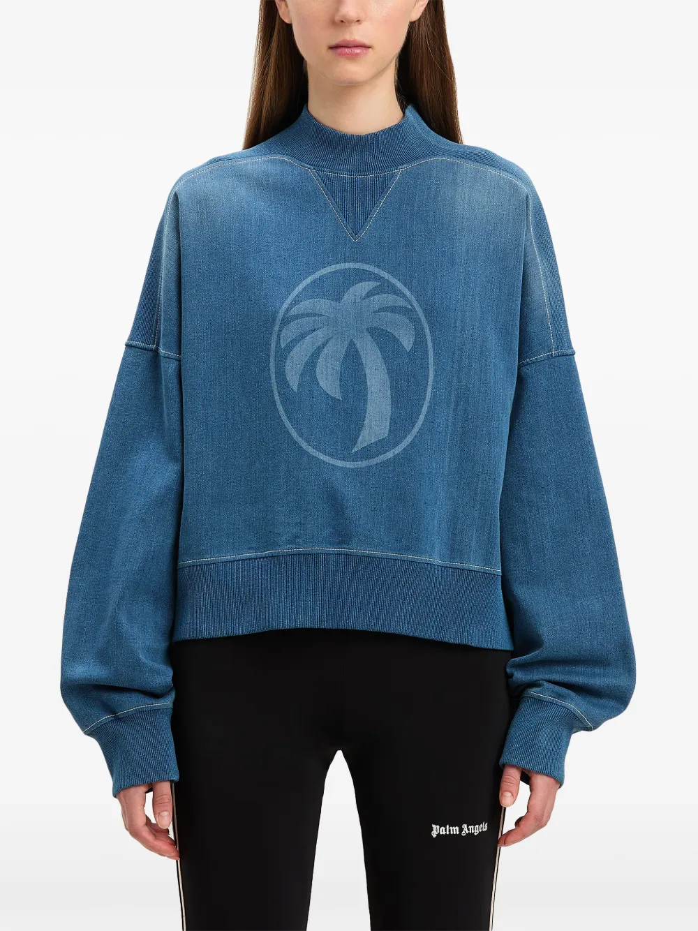 PALM ANGELS PALM-PRINT WASHED DENIM SWEATSHIRT