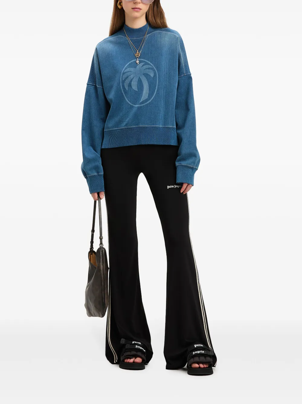 PALM ANGELS PALM-PRINT WASHED DENIM SWEATSHIRT