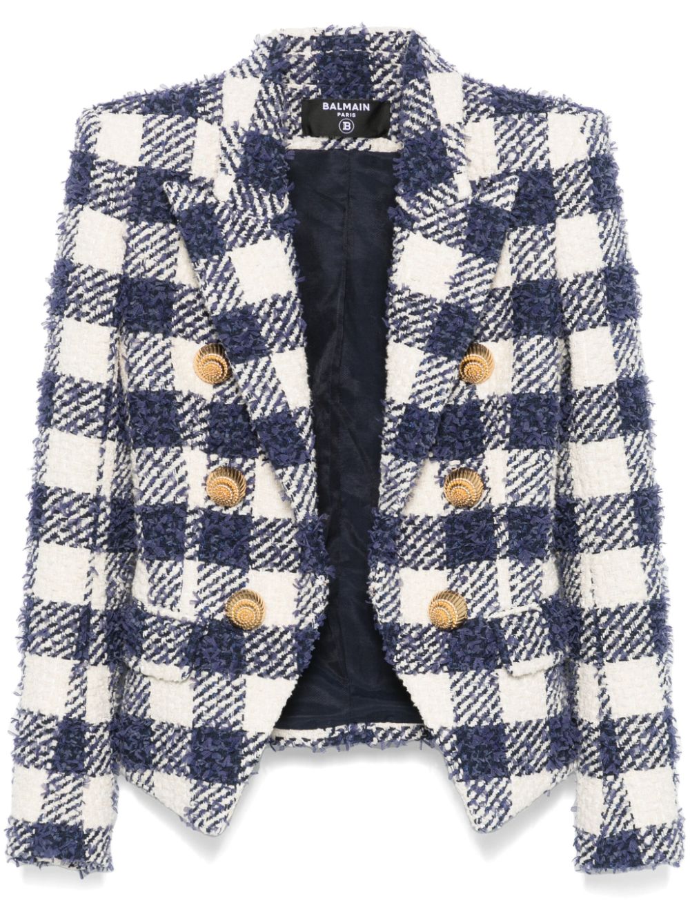 Shop Balmain Gingham-check Tweed Blazer In 白色