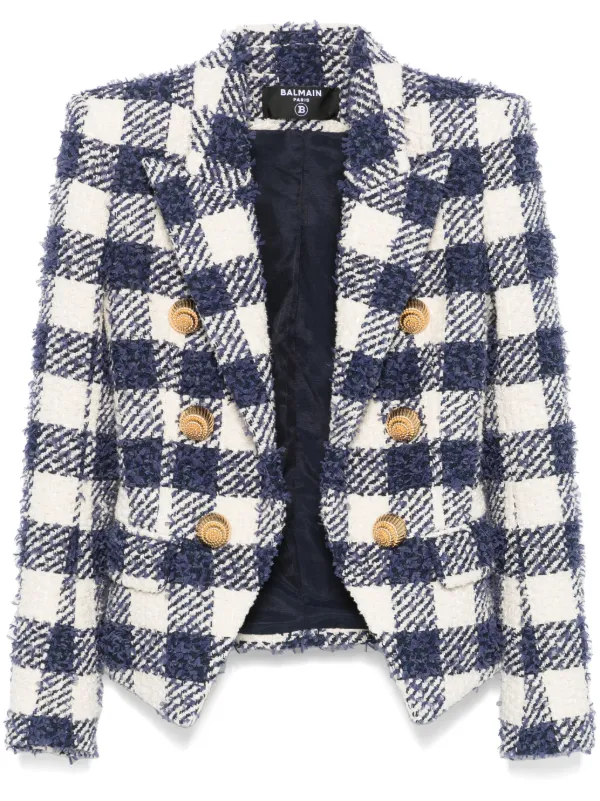 Balmain Gingham-check Tweed Blazer in White