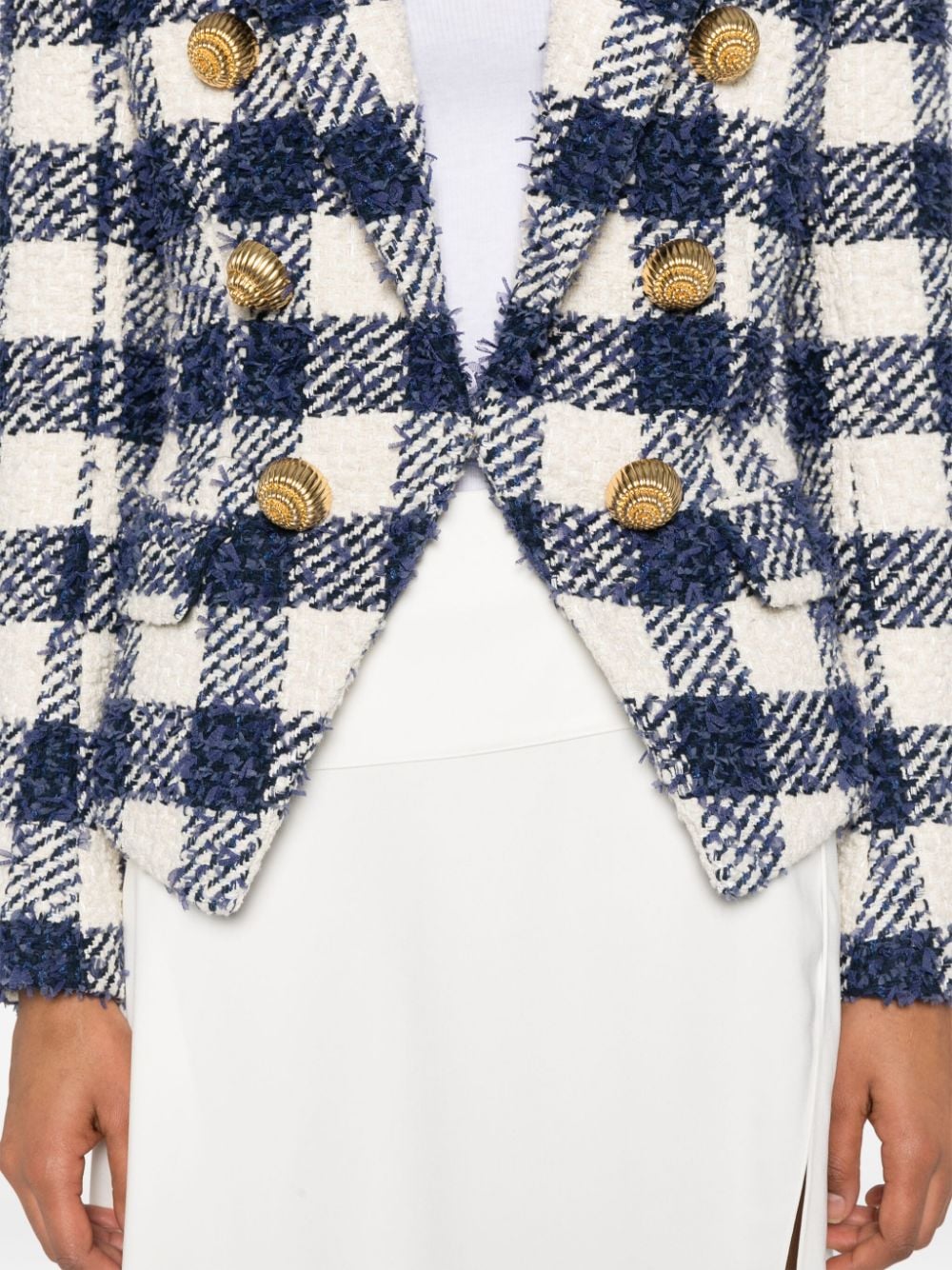 Shop Balmain Gingham-check Tweed Blazer In 白色