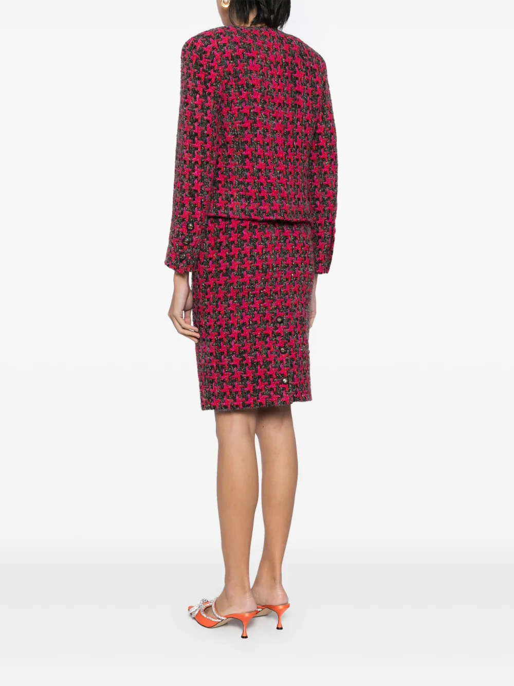 Pre-owned Chanel 1990 Houndstooth Skirt Suit In Pink