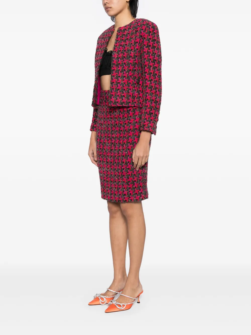 Pre-owned Chanel 1990 Houndstooth Skirt Suit In Pink