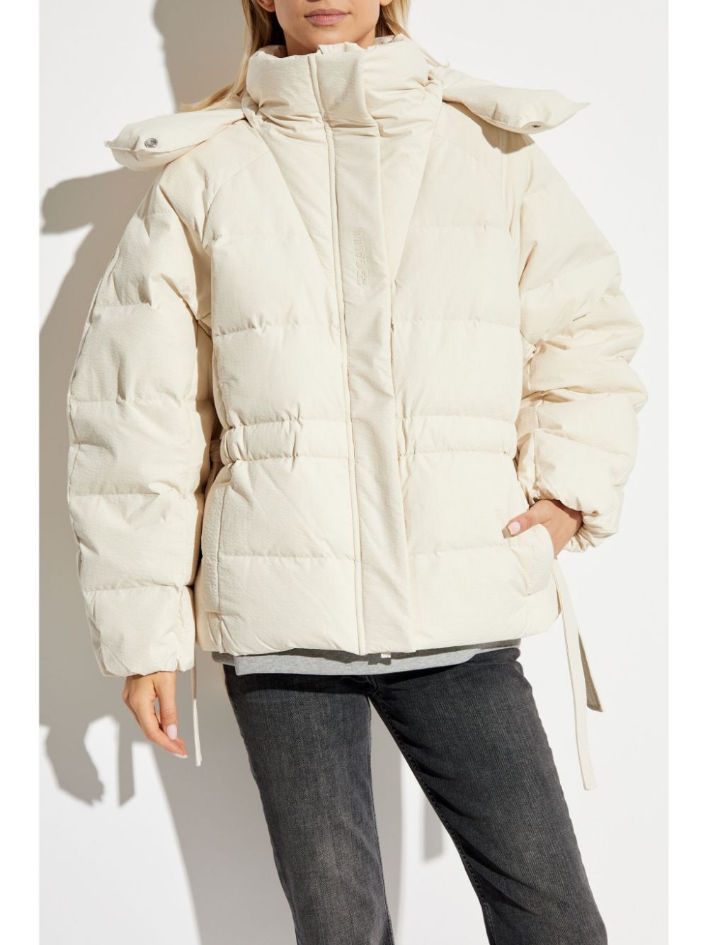 Shop Ganni Embossed Logo Puffer Jacket In Neutrals