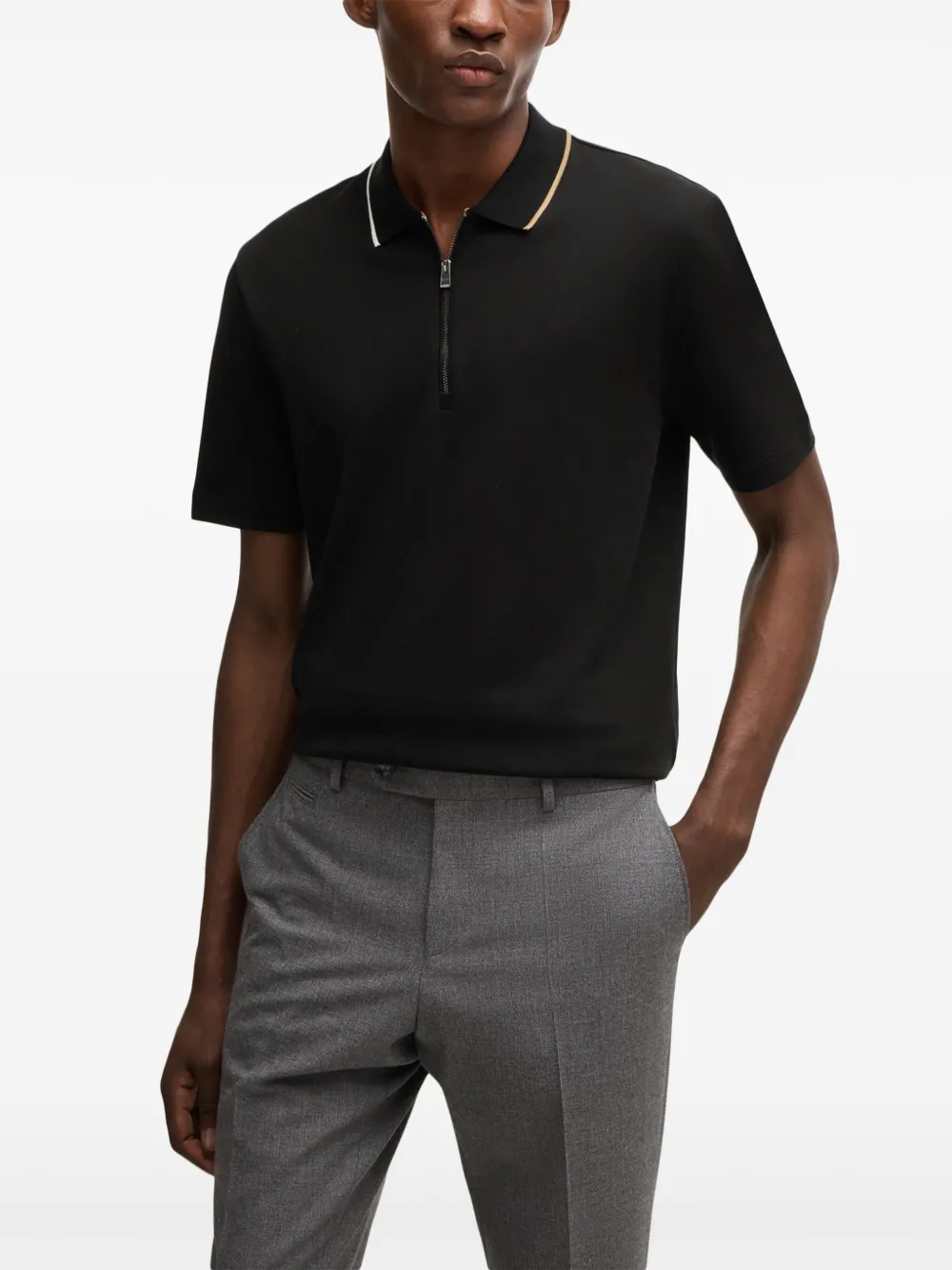 BOSS Geweven poloshirt met halve rits Zwart